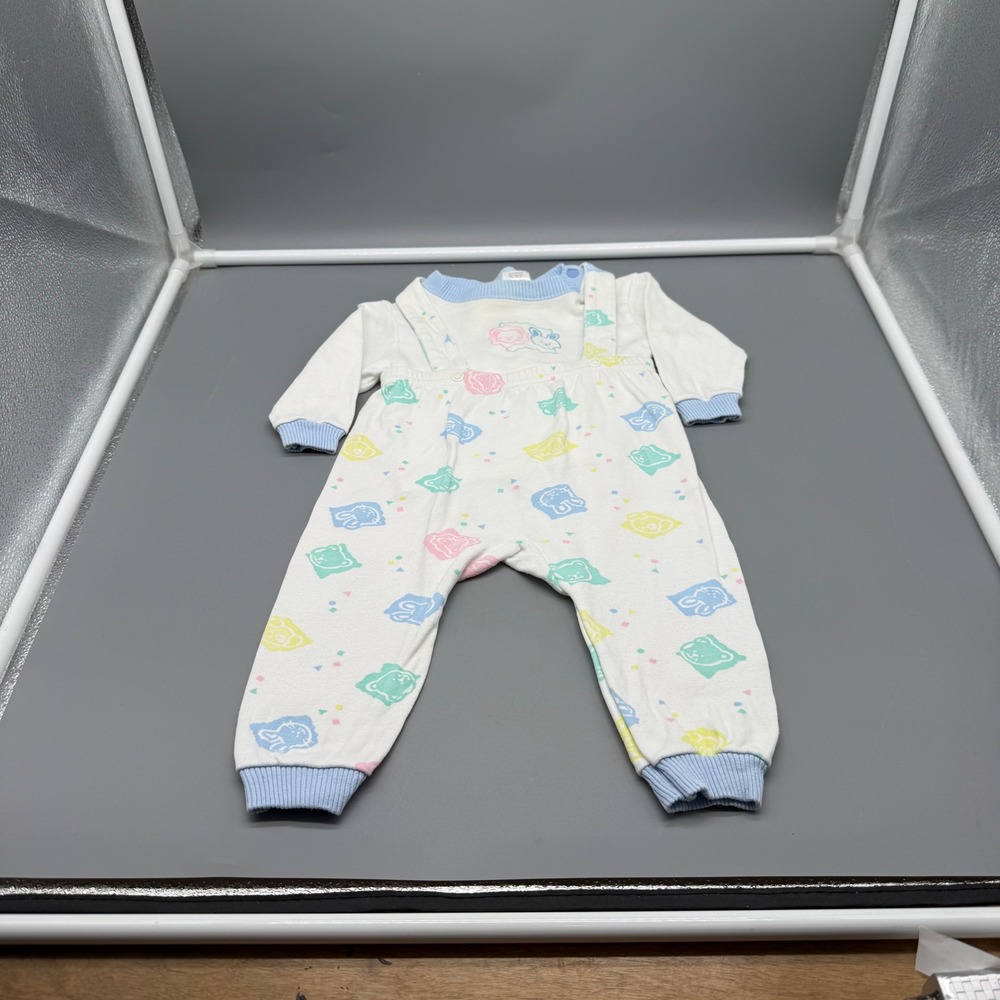 Vintage Oneita Kids Pastel Animal Print Overalls Playwear Set 12 Months USA Made